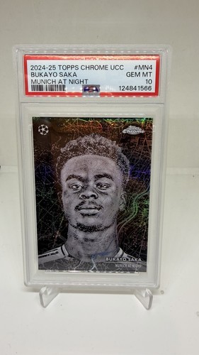 Bukayo Saka 2024/25 Topps Chrome UCC Munich at Night MN-4, PSA 10 slab shown as reference