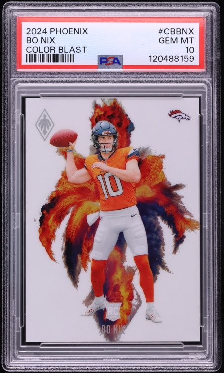 Bo Nix 2024 Panini Phoenix Color Blast CB-BNX rookie card in a PSA 10 holder