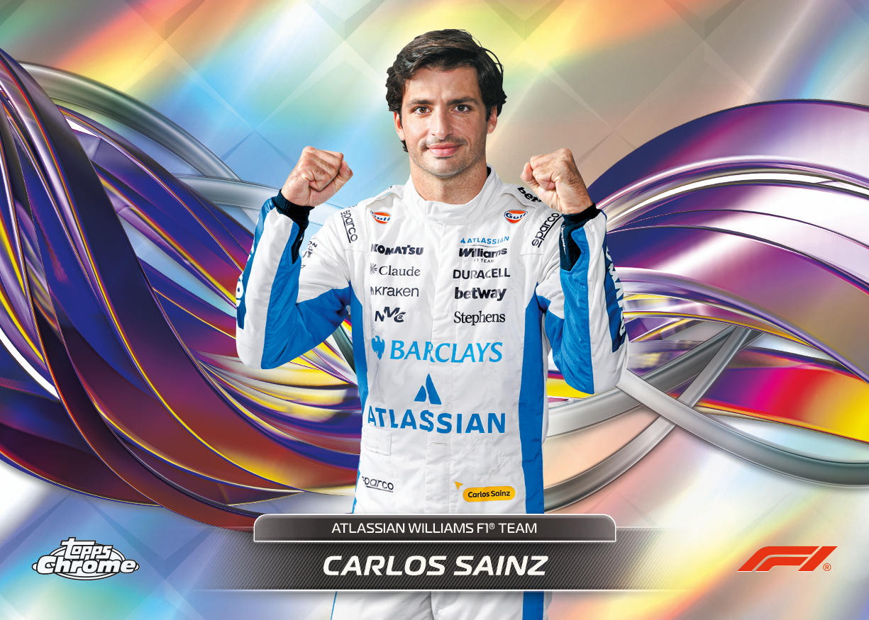Official Topps promotional preview of Carlos Sainz 2026 Chrome F1 Helix HLX-10