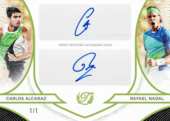 Official Topps promotional image of Carlos Alcaraz and Rafael Nadal 2026 Triumphant Tennis Dynamic Doubles autograph FoilFractor 1/1